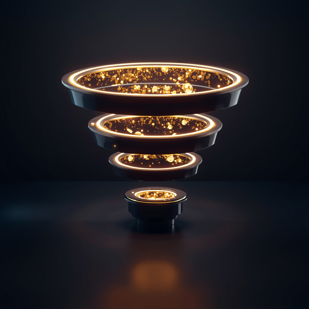 A sleek abstract representation of an operational efficiency funnel made of glowing metallic rings sorting bright glowing data particles in a dark, moody environment, 8k resolution, modern corporate concept, no woman